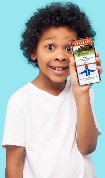 Young boy holding a smartphone showing Bible Stories for the Young app