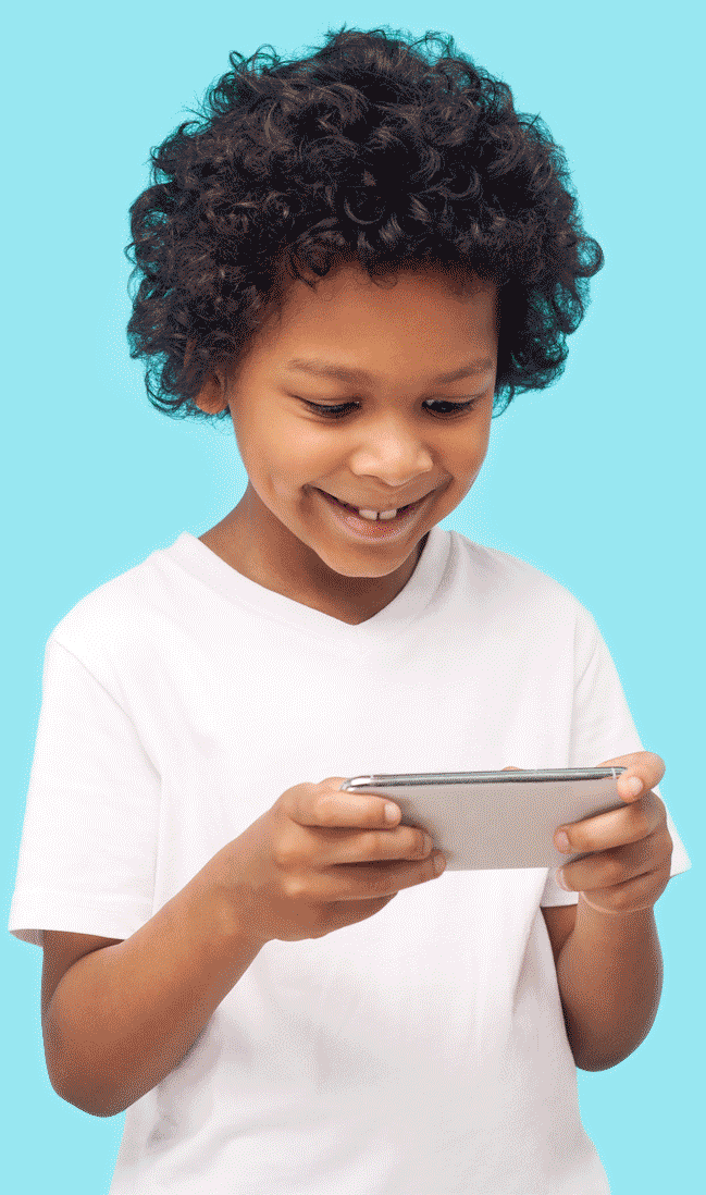 Young boy holding a smartphone showing Bible Stories for the Young app